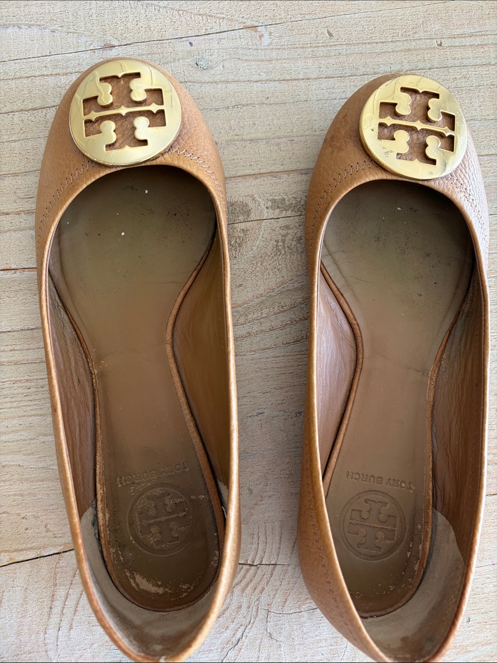 Tory Burch Tan Leather Logo Ballet Flats with Gold Emblem